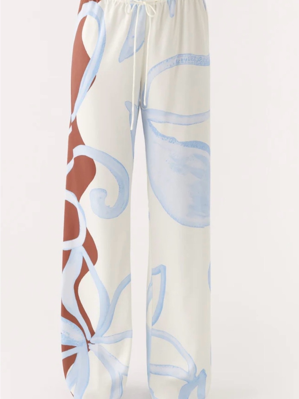 Peppermayo Cream Wide-Leg Drawstring Pants with Blue & Brown Floral Print